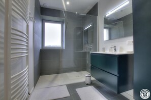 Shower, hair dryer, towels