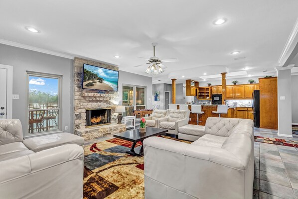 Smart TV, fireplace, foosball, table tennis