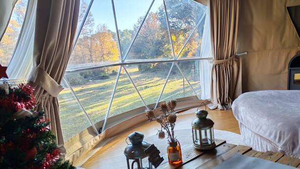 A cozy room with a large window, a bed, a small table with decorative items, and a Christmas tree.