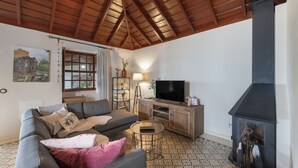 Una sala de estar con sofá, televisión, chimenea y piso con diseño.