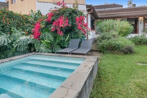 Una piscina con escalones, rodeada de exuberante vegetación y una casa con tejado de baldosas.