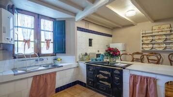 Fridge, microwave, coffee/tea maker, cookware/dishes/utensils