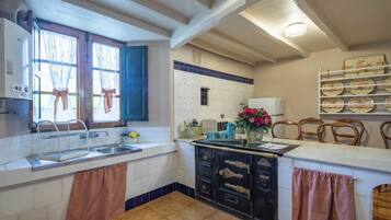 Fridge, microwave, coffee/tea maker, cookware/dishes/utensils