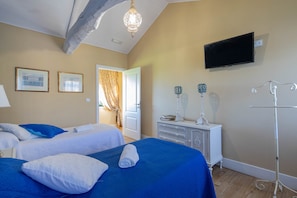 Une chambre d’hôtel avec deux lits, une télévision, une armoire et un miroir.