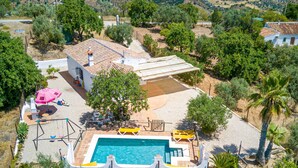 A residential property with a swimming pool, outdoor seating, and a garden.