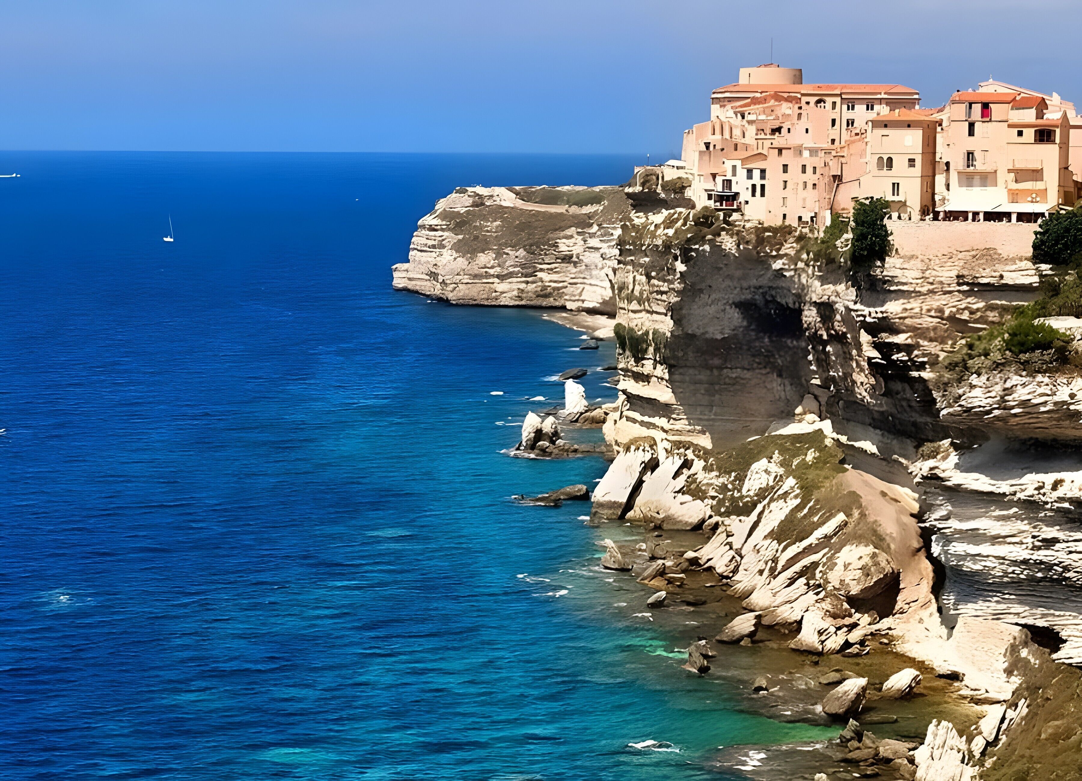 A coastal building with a view of the sea and cliffs.