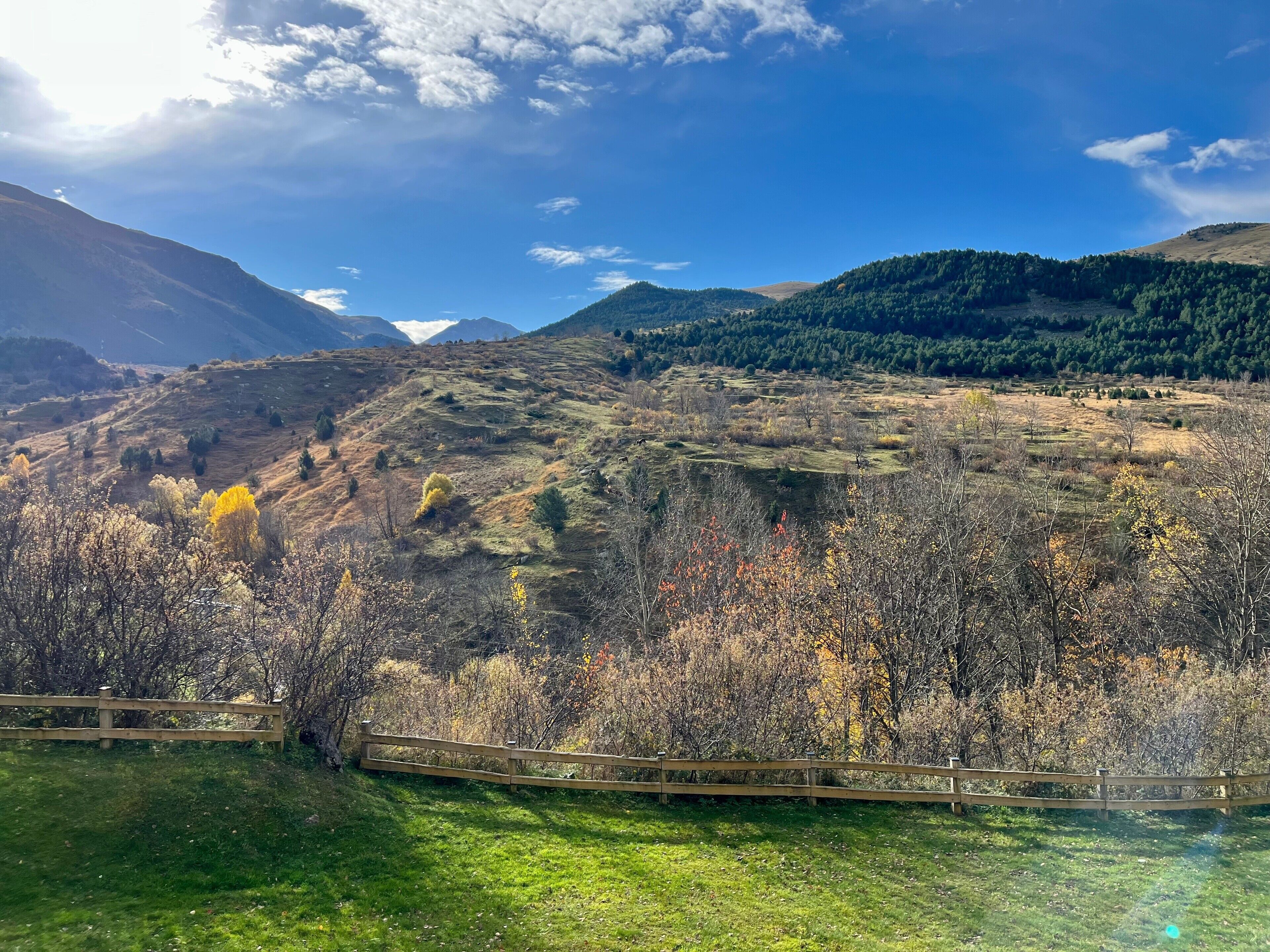 A mountainous landscape with a wooden fence, grassy areas, and trees.