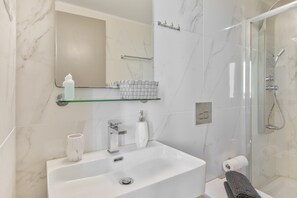 Shower, hair dryer, towels