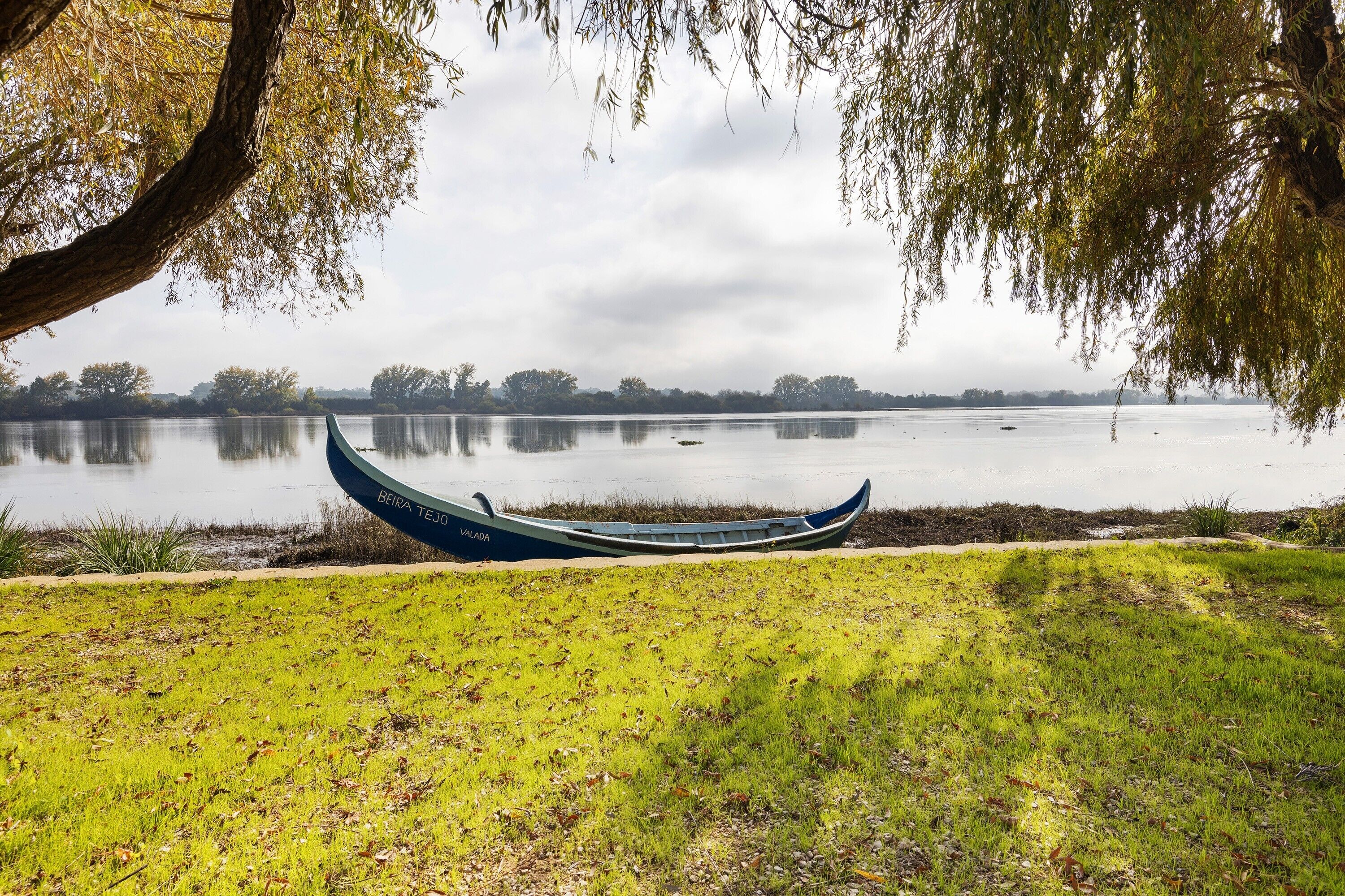 A calm lake with a canoe and a grassy area in the foreground.
