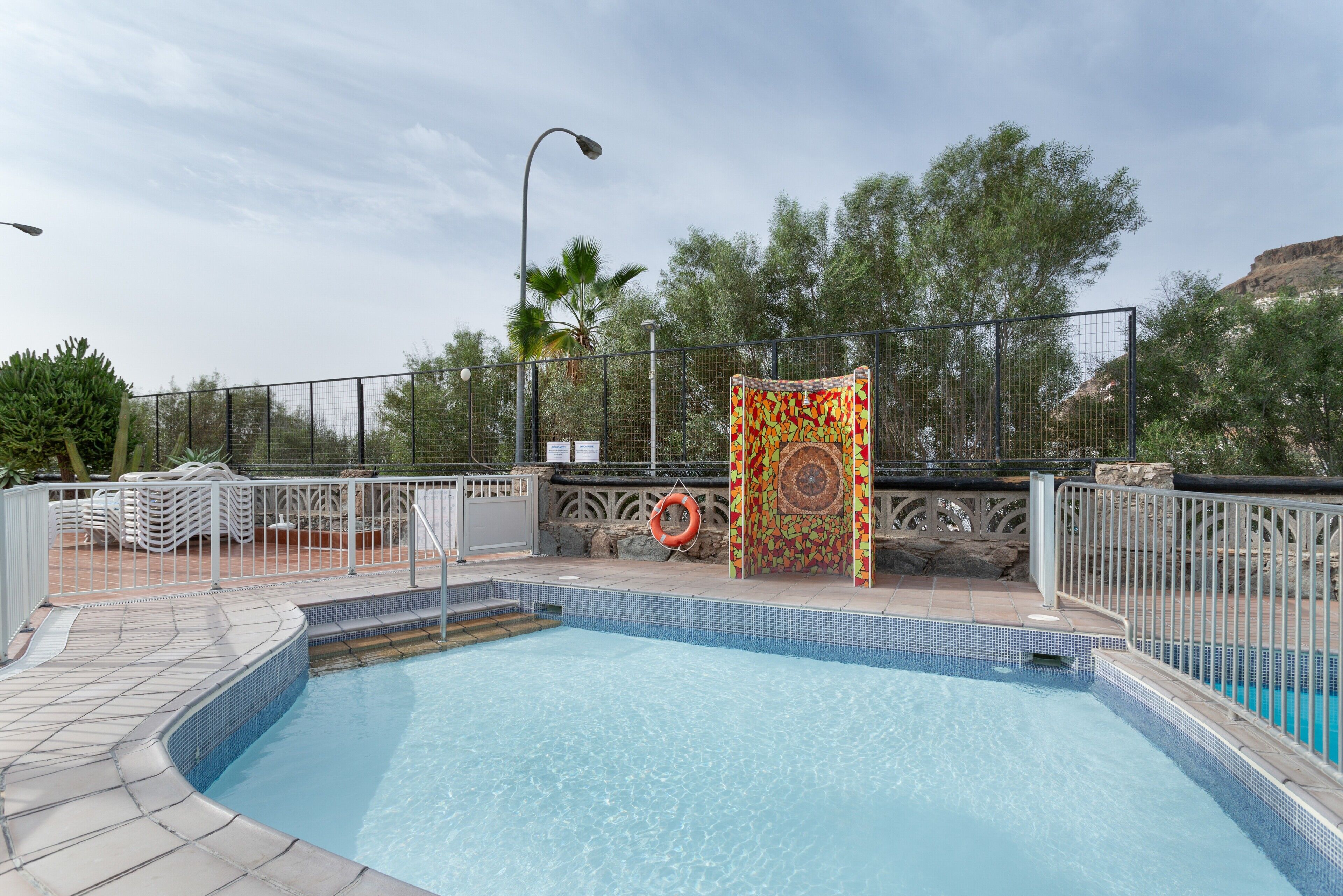A swimming pool with a tiled deck, a lifebuoy, and a decorative wall.