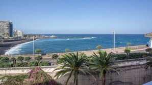 Paisatge urbà a la costa amb vista a l'oceà, un passeig marítim vora palmeres i edificis al fons.