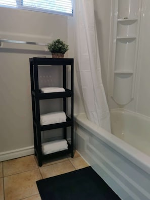 Hair dryer, towels, toilet paper
