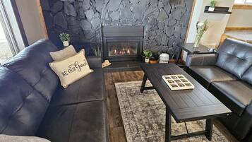 Smart TV, fireplace, books