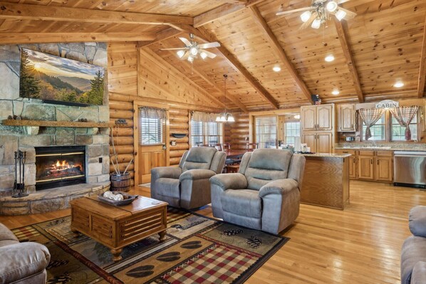 Smart TV, fireplace, foosball