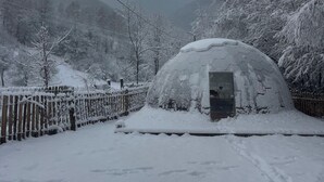 A snow-covered landscape with a dome-shaped structure, possibly a geodesic hut, surrounded by a wooden fence and trees. - Rai Villa (Banita)