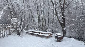 A snow-covered outdoor area with a wooden picnic table and benches, surrounded by trees and a wooden fence.