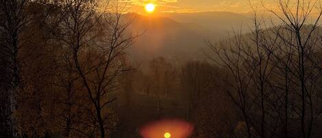 A sunset over a hilly landscape with bare trees and a wooden fence.