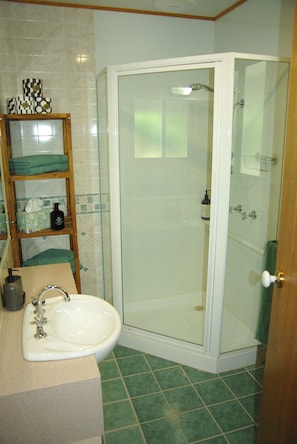 Een douche, handdoeken, zeep, shampoo