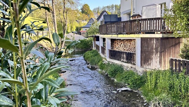 A residential area with a river, wooden fences, and houses with balconies. - Comfortable and versatile room -perfect for relaxation, work and exchange (Winterberg)