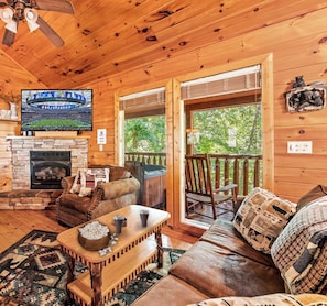 Smart TV, fireplace, DVD player, foosball