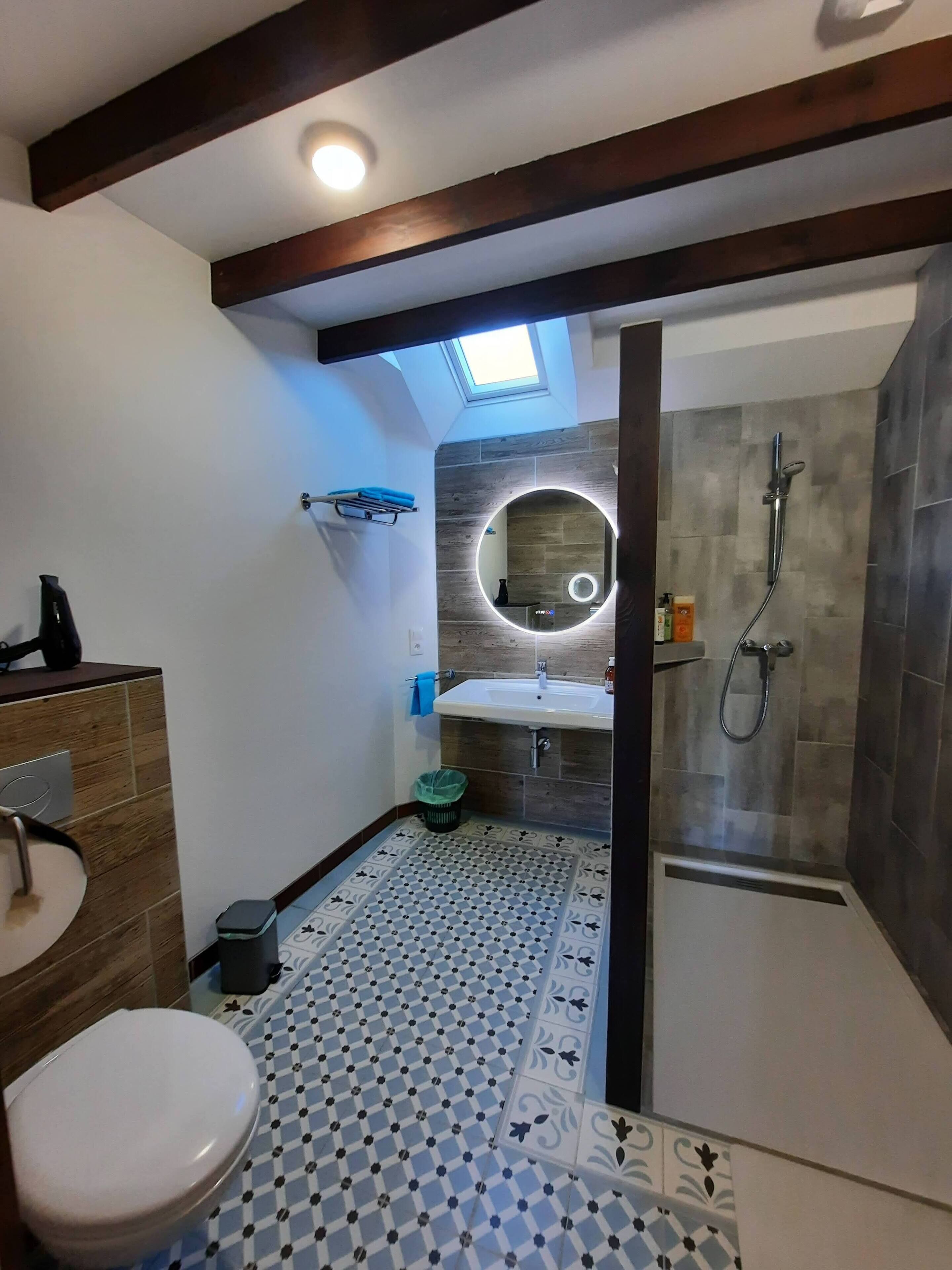 Een badkamer met dakraam, douche, wastafel en toilet.