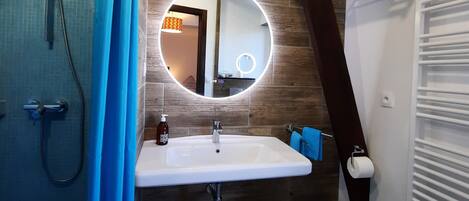 Camera Comfort con letto matrimoniale o 2 letti singoli, bagno privato | Bagno | Doccia, asciugacapelli, asciugamani, sapone