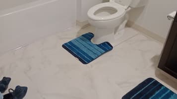 Hair dryer, towels, soap, toilet paper