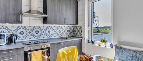 Fridge, oven, dishwasher, cookware/dishes/utensils