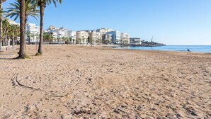 Une plage de sable bordée de palmiers, avec une vue sur la ville en arrière-plan.