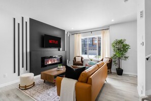 Smart TV, fireplace, books