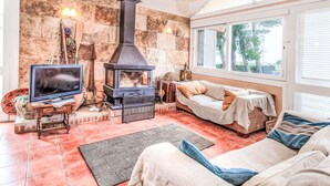 Ein gemütliches Wohnzimmer mit Steinwand, Kamin, Fernseher und Sofa.