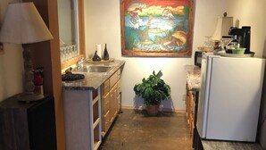 Cocina compacta con lavamanos, encimera y cafetera. Hay un cuadro en la pared y una planta en maceta en el centro.