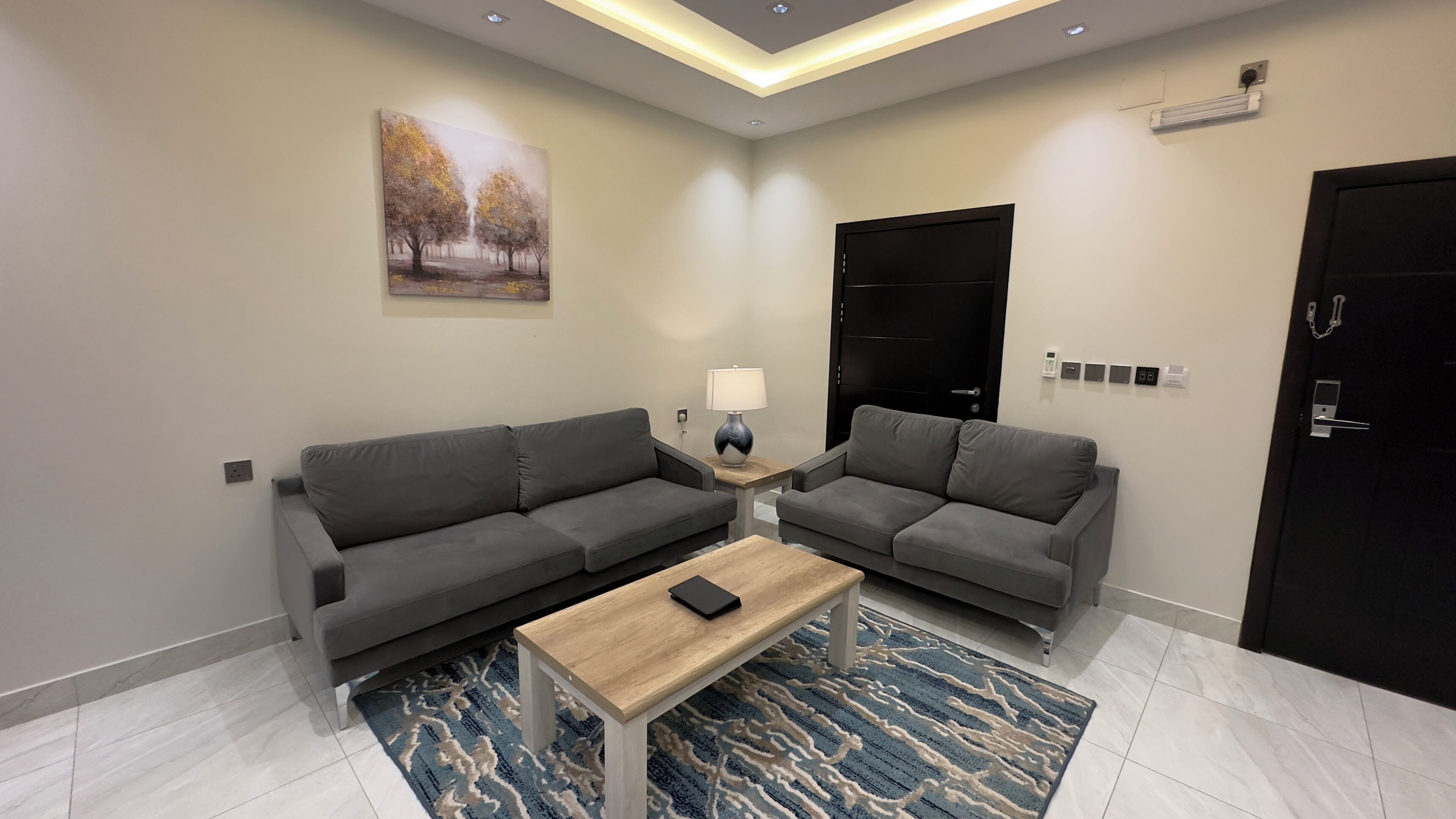 A modern living room with two grey sofas, a wooden coffee table, a patterned rug, a painting on the wall, and a black door.