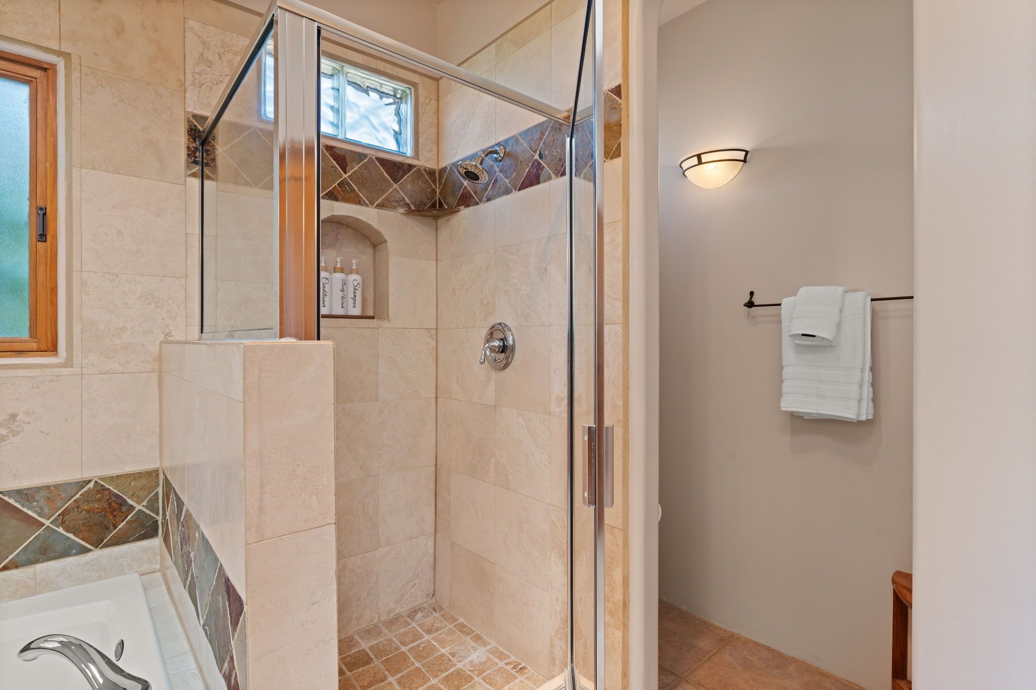 Hair dryer, towels, soap, toilet paper