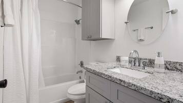 Un baño con ducha, inodoro, lavabo y espejo.