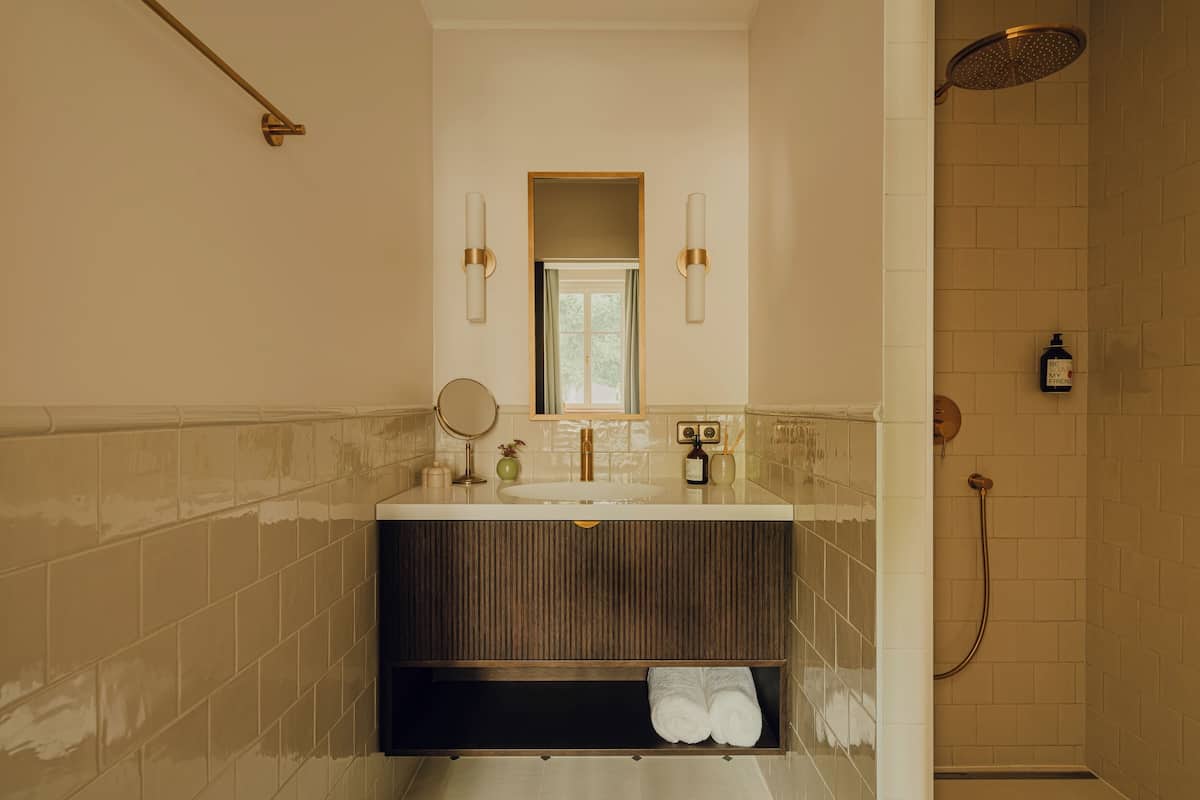 Hair dryer, slippers, towels, soap