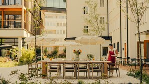 Un espacio de comedor al aire libre con mesas y sillas, rodeado de edificios y vegetación.