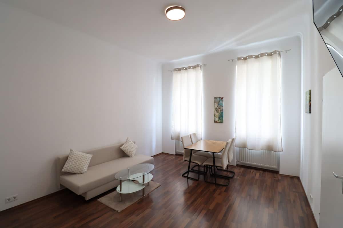 2 bedrooms, desk, laptop workspace, iron/ironing board