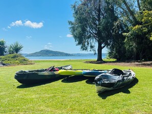 Kayaks on a grassy area near a beach with a tree and a mountain in the background. - Tranquil Lake Side Retreat: Your Perfect Getaway In Holdens Bay (Holdens Bay)
