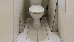 Pieni, kapea kylpyhuone, jossa on wc, wc:n yläpuolella oleva ikkuna ja wc-paperiteline.