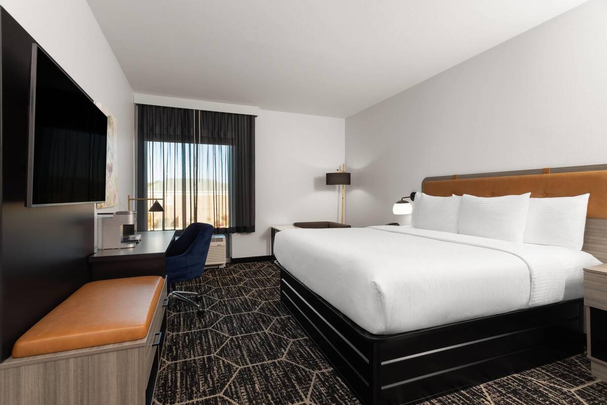 Room, 1 King Bed, Non Smoking | Desk, laptop workspace, blackout drapes, iron/ironing board