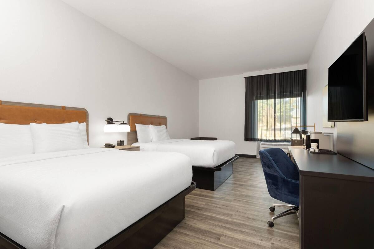 Room, 2 Queen Beds, Accessible, Non Smoking (Mobility, Bathtub Grab Bars) | Desk, laptop workspace, blackout drapes, iron/ironing board