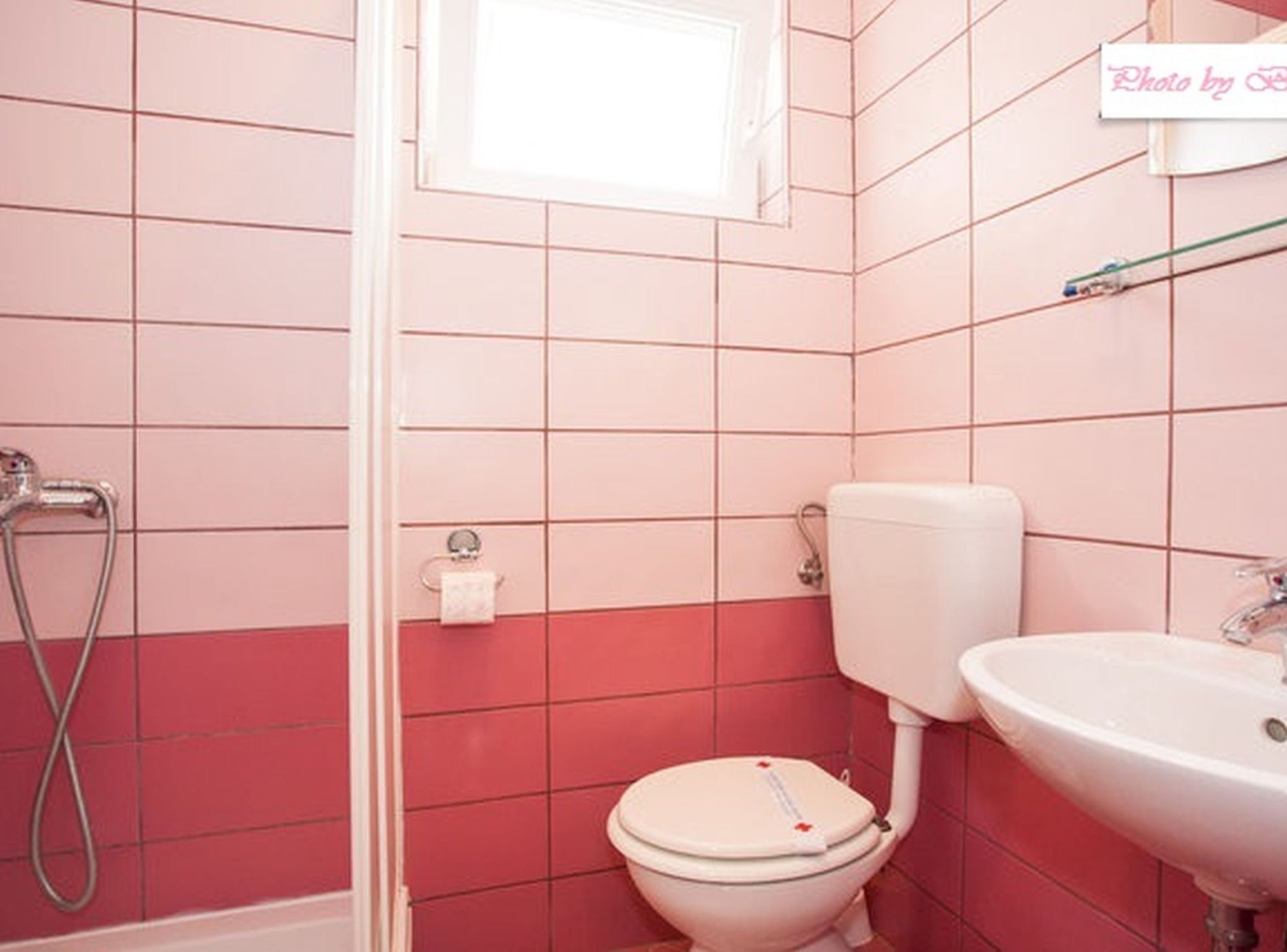 Un bagno con piastrelle rosa, un WC bianco, un lavandino bianco e una zona doccia.