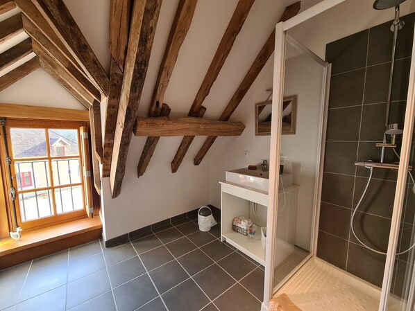 A bathroom with a shower, a sink, and a window with a view of a house.
