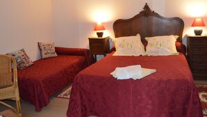 A bedroom with two single beds, a wooden headboard, a nightstand with a lamp, a wicker chair, and a patterned rug. - Comfortable rooms on a farm in the heart of Berry (Montchevrier)