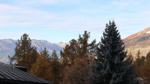 A cabin with a view of a forest and mountains. - Renovated studio for 5, near lifts, balcony (Les Orres)
