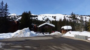 Een berg bedekt met sneeuw, met een skigebied op de achtergrond.
