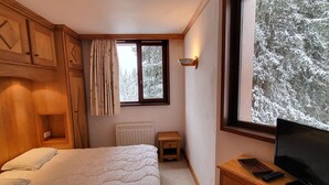 Een slaapkamer met een bed, een televisie, een raam met uitzicht op besneeuwde bomen en een radiator.