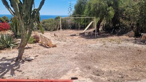 Un jardín con un columpio, un banco y un cactus.