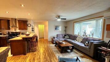 Smart TV, fireplace, DVD player, books